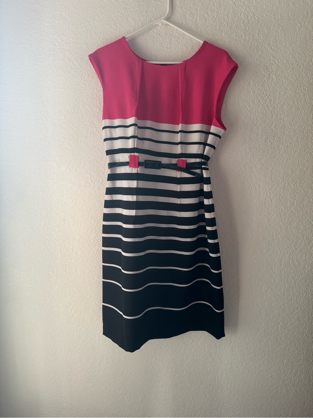 Cap-Sleeve Colorblock Striped Sheath Dress in Pink and Black by ILE New York